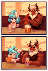 Size: 2372x3524 | Tagged: safe, artist:polnocnykot, imported from derpibooru, cozy glow, lord tirek, centaur, pegasus, pony, taur, ..., 2 panel comic, alcohol, beard, beer, beer mug, blushing, bow, cafe, cheek fluff, cherry, chest fluff, comic, couch, cozybetes, crossed arms, cute, dessert, detailed, drink, drinking, duo, duo male and female, ear fluff, ears up, eating, eyes closed, facial hair, female, filly, floppy ears, foal, folded wings, food, freckles, frown, hair bow, happy, hooves, horns, ice cream, male, meme, muscles, muscular male, nose piercing, nose ring, piercing, pleasure, redraw, shoulder fluff, shoulder freckles, sitting, smiling, spoon, spread wings, table, teeth, wings