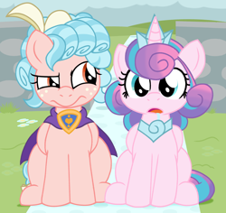 Size: 3024x2858 | Tagged: safe, artist:chaosimp2006, imported from derpibooru, cozy glow, princess flurry heart, alicorn, pegasus, pony, a better ending for cozy, background, cape, clothes, cozybetes, crown, cute, drool, duo, eyebrows, flurrybetes, jewelry, looking at someone, older, older flurry heart, raised eyebrow, regalia