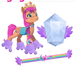 Size: 318x275 | Tagged: safe, imported from derpibooru, sunny starscout, earth pony, bracelet, concept art, cropped, crown, crystal, cutie mark, g5, jewelry, official, regalia, roller skates, simple background, skates, stars, toy, white background, wings