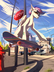 Size: 2994x4000 | Tagged: safe, artist:chamommile, imported from derpibooru, oc, oc only, pegasus, pony, cloud, commission, full body, light skin, looking at you, nature, pegasus oc, skateboard, skateboarding, sky, smiling, smiling at you, street, wings, yellow eyes