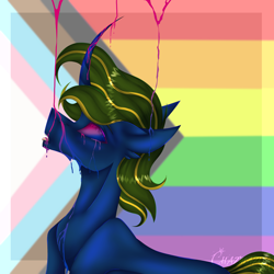 Size: 4320x4320 | Tagged: safe, artist:chazmazda, imported from derpibooru, oc, oc only, pony, unicorn, bisexual pride flag, commission, commission open, crying, curved horn, dripping, gay, halfbody, highlights, horn, liquid, male, open mouth, pride, pride flag, progressive pride flag, shade, shading, tail, tongue out, wavy hair, your character here