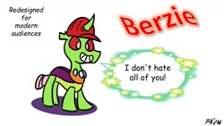 Size: 1200x675 | Tagged: safe, artist:pony-berserker, imported from derpibooru, oc, oc:berzie, changedling, changeling, calarts, changedling oc, changeling oc, flower, meme reference, pony-berserker's twitter sketches, pony-berserker's twitter sketches (2024), redesign, word art