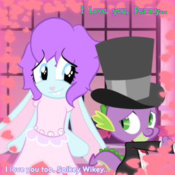 Size: 1505x1505 | Tagged: safe, imported from derpibooru, spike, oc, oc:penelope, dragon, rabbit, animal, canterlot, clothes, dancing, dress, gala dress, hat, heart, love, shipping, spikelope, story included, text, top hat, true love, tuxedo