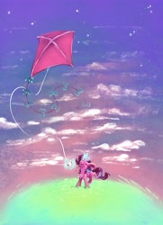 Size: 2958x4096 | Tagged: safe, artist:cutepencilcase, imported from derpibooru, starlight glimmer, pony, unicorn, chest fluff, cloud, eyes closed, happy, heart, horn, kite, magic, magic aura, sky, smiling, solo, telekinesis, that pony sure does love kites