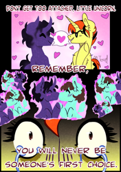 Size: 2039x2894 | Tagged: safe, artist:mitexcel, imported from derpibooru, oc, oc only, oc:merille artienda, pegasus, unicorn, black mane, black tail, comic, crying, curved horn, glasses, heartbreak, horn, love, nonbinary, orange mane, orange tail, purple coat, short mane, tail, transmasculine, trauma, trio, vent art, yellow coat