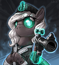 Size: 2427x2649 | Tagged: safe, artist:uteuk, imported from derpibooru, oc, oc only, oc:kitu elder, changeling, changeling queen, equestria at war mod, clothes, coat, fangs, female, gray coat, gun, horn, looking at camera, magic, military, military pony, military uniform, simple background, solo, solo female, teal eyes, trident, uniform, uniform hat, weapon, white mane, wings