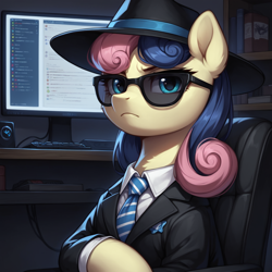 Size: 1536x1536 | Tagged: safe, imported from derpibooru, bon bon, sweetie drops, earth pony, pony, ai content, ai generated, black suit, chair, clothes, collared shirt, ear fluff, fedora, female, frown, generator:bluefox mix, generator:stable diffusion, hat, indoors, looking sideways, mare, monitor, necktie, office chair, prompter:tyto4tme4l, secret agent, secret agent sweetie drops, shirt, solo, suit, sunglasses, upper body