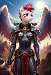 Size: 832x1216 | Tagged: safe, imported from derpibooru, zipp storm, anthro, pegasus, adepta sororitas, ai content, ai generated, armor, black armor, blood, g5, prompter:raptorcleave, solo, sword, warhammer (game), warhammer 40k, weapon