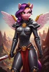 Size: 832x1216 | Tagged: safe, imported from derpibooru, pipp petals, anthro, pegasus, adepta sororitas, ai content, ai generated, armor, black armor, blood, g5, prompter:raptorcleave, solo, sword, warhammer (game), warhammer 40k, weapon