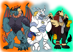 Size: 1414x1000 | Tagged: safe, artist:zetikoopa, imported from derpibooru, dragon lord torch, prince blueblood, oc, oc:khalfani, anthro, dragon, griffon, male, monster prince blueblood, species swap