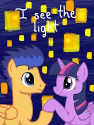 Size: 400x533 | Tagged: safe, artist:paintsplat1418, imported from derpibooru, flash sentry, twilight sparkle, alicorn, pegasus, pony, female, flashlight, male, mare, shipping, stallion, straight, tangled (disney), twilight sparkle (alicorn)