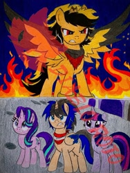 Size: 1075x1429 | Tagged: safe, artist:diablo rojo, imported from derpibooru, twilight sparkle, oc, oc:r/n, oc:y/n, alicorn, pony, unicorn, fanfic:the hero of equestria, broken horn, clothes, crossover, fire, glare, horn, ponified, reference to another series, scarf, shadow the hedgehog, sonic the hedgehog, sonic the hedgehog (film), sonic the hedgehog (series), spread wings, traditional art, twilight sparkle (alicorn), wings