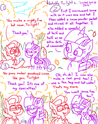 Size: 4779x6013 | Tagged: safe, artist:adorkabletwilightandfriends, imported from derpibooru, twilight sparkle, oc, oc:lawrence, alicorn, comic:adorkable twilight and friends, adorkable, adorkable twilight, autumn, autumn leaves, blushing, chocolate, comic, compliment, conversation, cute, dork, drink, excited, food, forest, happy, high angle, hot chocolate, leaf, leaves, love, mug, nature, outdoors, perspective, pleased, relationship, slice of life, smiling, steam, tree, twiabetes, twilight sparkle (alicorn)