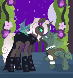 Size: 1959x2083 | Tagged: safe, artist:wildrose_, imported from derpibooru, oc, oc only, oc:kitu elder, oc:yuni erclias hermeline, changeling, changeling queen, equestria at war mod, black lipstick, blushing, boop, clothes, dress, fangs, female, flower, flower in hair, glasses, gray coat, height difference, horn, lipstick, male, marriage, necktie, noseboop, suit, teal eyes, trident, wedding, white mane, wings