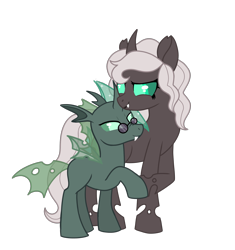 Size: 1959x2083 | Tagged: safe, artist:wildrose_, imported from derpibooru, oc, oc only, oc:yuni erclias hermeline, changeling, changeling queen, equestria at war mod, black lipstick, clothes, dress, fangs, female, glasses, gray coat, green coat, green eyes, height difference, holding hooves, horn, lipstick, male, necktie, simple background, smiling, suit, teal eyes, transparent background, white mane, wings