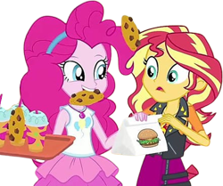 Size: 3011x2520 | Tagged: safe, edit, edited screencap, editor:mrtoonlover83, imported from derpibooru, screencap, pinkie pie, sunset shimmer, human, equestria girls, background removed, bag, burger, cookie, duo, duo female, female, food, not a vector