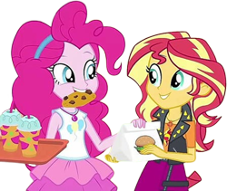 Size: 2987x2520 | Tagged: safe, edit, edited screencap, editor:mrtoonlover83, imported from derpibooru, screencap, pinkie pie, sunset shimmer, human, equestria girls, background removed, bag, burger, cookie, duo, duo female, female, food, not a vector