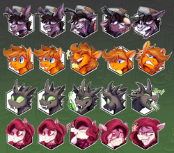 Size: 3000x2636 | Tagged: safe, artist:hallowraith, imported from derpibooru, oc, oc:anomaly, oc:carmine garnet, oc:peeled prune, oc:royal anne, changeling, earth pony, pegasus, undead, vampire, vampony, fallout equestria, changeling oc, earth pony oc, facial expressions, fallout equestria oc, ghoul oc, multiple characters, pegasus oc, vampony oc, wings