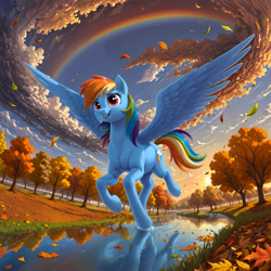 Size: 4260x4260 | Tagged: safe, imported from derpibooru, rainbow dash, pegasus, pony, absurd resolution, ai assisted, ai content, ai generated, autumn, cloud, cloudy, fallen leaves, falling leaves, flying, generator:compass mix xl, generator:stable diffusion, leaves, prompter:wumbl3, rainbow, scenery, smiling, solo, spread wings, sun, sunset, tree, wings