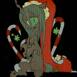 Size: 1022x1024 | Tagged: safe, artist:warewulfs, imported from derpibooru, queen chrysalis, changeling, black background, candy, candy cane, christmas, female, food, hat, holiday, santa hat, simple background, solo