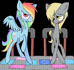 Size: 1140x1066 | Tagged: safe, artist:warewulfs, imported from derpibooru, derpy hooves, rainbow dash, pony, black background, dance dance revolution, derpydash, duo, duo female, female, lesbian, shipping, simple background