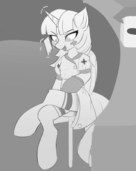 Size: 2480x3113 | Tagged: safe, artist:neverend, imported from derpibooru, twilight sparkle, clothes, dark deception, monochrome, nurse, socks, stockings, thigh highs