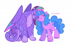 Size: 2048x1334 | Tagged: safe, artist:iksiudodi, imported from derpibooru, izzy moonbow, big cat, leopard, pony, snow leopard, unicorn, allura, aq bars, blushing, bracelet, duo, duo female, eyes closed, female, folded wings, friendship bracelet, g5, horn, jewelry, mare, nuzzling, signature, simple background, smiling, tail, unshorn fetlocks, white background, wings