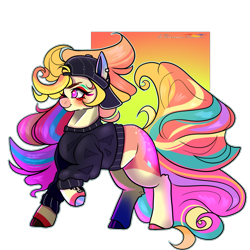 Size: 1175x1177 | Tagged: safe, artist:legendaryshadee, imported from derpibooru, oc, oc:catchy beat, earth pony, pony, backwards ballcap, baseball cap, cap, clothes, female, hat, mare, solo, sweater