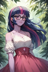 Size: 828x1242 | Tagged: safe, imported from derpibooru, sci-twi, twilight sparkle, human, equestria girls, ai content, ai generated, blouse, breasts, cleavage, clothes, female, foliage, generator:stable diffusion, glasses, humanized, looking at you, outdoors, prompter:saberclaw1x, puffy sleeves, reasonably sized breasts, skirt, smiling, smiling at you, solo