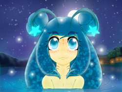 Size: 4200x3150 | Tagged: safe, artist:wojtek-ツ, imported from derpibooru, oc, oc only, oc:aurora, original species, :3, antennae, cabin, cute, emerging from the shadows, facial markings, fanart, female, gills, glowing, glowing hair, looking up, moon, mountain, nature, overlander, particles, river, smiling, solo, starry night, tail, tree, water, water overlander