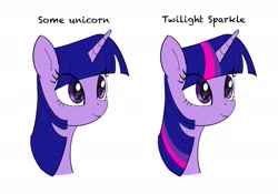 Size: 2388x1668 | Tagged: safe, artist:arkhat, imported from derpibooru, twilight sparkle, pony, unicorn, bust, colored sketch, comparison, eye clipping through hair, female, mare, parody, portrait, reference in the description, show accurate, sketch, smiling, striped mane, text, unicorn twilight