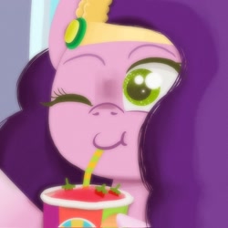 Size: 2048x2048 | Tagged: safe, artist:cloud artist, imported from derpibooru, pipp petals, pegasus, pony, bust, diadem, drink, drinking, drinking straw, female, food, g5, jewelry, mare, one eye closed, portrait, regalia, smiling, smoothie, solo, strawberry, unshorn fetlocks, wink