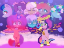 Size: 2048x1536 | Tagged: safe, artist:cloud artist, imported from derpibooru, pipp petals, earth pony, pegasus, pony, arpeggia, bipedal, blue belle (g5), bridlewoodstock, bridlewoodstock (make your mark), concert, dreamlands, electric blue (g5), eyes closed, female, floral head wreath, flower, fretlock, g5, jam donut, looking at you, mare, microphone, minty (g5), my little pony: make your mark, my little pony: make your mark chapter 4, open mouth, open smile, raised hoof, raised hooves, ruby jubilee, smiling, snuzzle (g5), spread wings, tail, unshorn fetlocks, wings