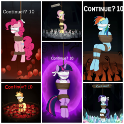 Size: 1080x1080 | Tagged: safe, imported from derpibooru, applejack, fluttershy, pinkie pie, rainbow dash, rarity, twilight sparkle, alicorn, earth pony, pegasus, semi-anthro, unicorn, bondage, continue, continue screen, female, horn, mane six, mare, peril, this will end in death, this will end in tears, this will end in tears and/or death