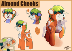 Size: 4960x3508 | Tagged: safe, artist:morrigun, imported from derpibooru, oc, oc only, oc:almond cheeks, pony, adoptable, bucktooth, closed mouth, description is relevant, eyes closed, eyes open, green mane, hamster ears, hamster pony, laughing, looking at you, nuts, one eye closed, open mouth, orange coat, palette, reference sheet, sad, signature, standing, text, tongue out, watermark, wink, winking at you, wiskers