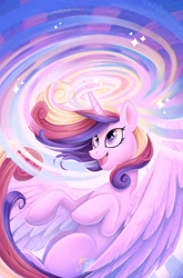 Size: 1686x2560 | Tagged: safe, artist:natalie haines, idw, imported from derpibooru, princess cadance, alicorn, pony, comic cover, cover, cover art, female, horn, magic, mare, my little pony: rise of cadance, official, official comic, open mouth, open smile, smiling, solo, sparkles, wings