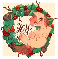 Size: 2013x2048 | Tagged: safe, artist:alphadesu, imported from derpibooru, oc, oc only, earth pony, pony, blushing, border, bow, christmas wreath, commission, cranberry, ear blush, female, frog (hoof), hoof blush, looking at you, lying down, mare, on back, pinecone, simple background, smiling, smiling at you, underhoof, wreath, yellow background, your character here
