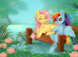 Size: 3416x2500 | Tagged: safe, artist:dark_lu, imported from derpibooru, fluttershy, rainbow dash, pegasus, pony, duo, eyes closed, female, flower, flower in hair, grin, high res, lying down, mare, pier, pond, prone, sitting, smiling, water