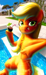 Size: 1264x2048 | Tagged: safe, artist:itxi_izalith, imported from derpibooru, applejack, pony, drink, female, looking at you, mare, solo, swimming pool