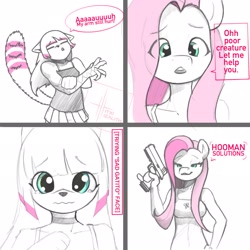 Size: 2048x2048 | Tagged: safe, artist:itxi_izalith, imported from derpibooru, fluttershy, oc, anthro, pegasus, comic, dialogue, eye clipping through hair, female, furry, gun, injured, wavy mouth, weapon