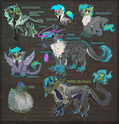 Size: 1700x1773 | Tagged: safe, artist:tiothebeetle, imported from derpibooru, oc, oc only, oc:fluffy (the griffon), bird, chicken, dragon, griffon, hybrid, original species, pony, :p, ^^, beans, black scales, blue hair, blue horns, blue tongue, claws, colorful, commission, cute, design, dragoness, eyes closed, eyeshadow, felkin, female, flower, flower in hair, folded wings, food, gray coat, gray fur, grin, halo, happy, horn, horn ring, horns, jewelry, makeup, neon, paw pads, paws, pink eyes, pointy ponies, puppy dog eyes, quadrupedal, reference sheet, ring, scales, simple background, slit pupils, smiling, smug, solo, solo female, teeth, text, toe beans, tongue out, toothy grin, transgender oc, underpaw, white fur, wings