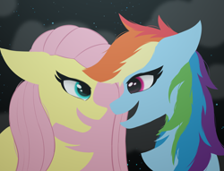 Size: 1700x1300 | Tagged: safe, artist:twinky, imported from derpibooru, fluttershy, rainbow dash, pegasus, pony, chest fluff, cloud, female, flutterdash, lesbian, looking at each other, looking at someone, mare, night, night sky, shipping, sky, smiling