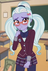 Size: 832x1216 | Tagged: safe, imported from derpibooru, sugarcoat, human, equestria girls, ai content, ai generated, blushing, classroom, clothes, crystal prep academy uniform, female, female focus, glasses, indoors, long sleeves, looking at you, male, money, my little pony equestria girls: friendship games, offscreen character, pigtails, pov, prompter:nw th, school uniform, solo, solo female, solo focus, twintails