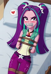 Size: 832x1216 | Tagged: safe, imported from derpibooru, aria blaze, human, equestria girls, ai content, ai generated, bdsm, bed, blushing, bondage, bound and gagged, gag, heart, looking at you, lying down, pigtails, pillow, prompter:nw th, rope, rope bondage, solo, tape, tape gag, twintails