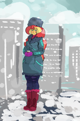 Size: 2944x4448 | Tagged: safe, artist:ponny, imported from derpibooru, sunset shimmer, human, equestria girls, bipedal, blushing, city, clothes, cloud, coat, coffee cup, colored, cup, hat, snow, solo, standing