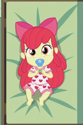 Size: 800x1200 | Tagged: safe, imported from twibooru, apple bloom, equestria girls, ai content, ai generated, apple bloom's bow, baby, barefoot, bed, bow, child, clothes, cute, feet, female, generator:stable diffusion, hair bow, hand, image, looking at you, lying down, on bed, pacifier, pajamas, png, solo, younger