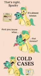 Size: 805x1488 | Tagged: safe, artist:fri013, imported from derpibooru, hitch trailblazer, dragon, earth pony, pony, 3 panel comic, baby, baby dragon, calendar, comic, dialogue, duo, duo male, file, g5, hug, male, nuzzling, orange background, papa hitch, simple background, sparky sparkeroni, stallion