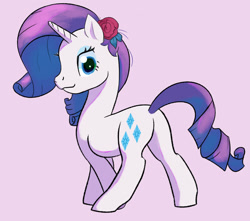 Size: 925x818 | Tagged: safe, artist:marrsund, imported from derpibooru, rarity, unicorn, alternate hairstyle, female, flower, flower in hair, horn, looking at you, looking back, rose, simple background, smiling