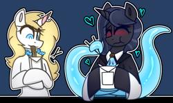 Size: 4256x2560 | Tagged: safe, artist:askhypnoswirl, imported from derpibooru, oc, oc only, oc:decora, oc:sensual spirit, changeling, changeling oc, clothes, commission, duo, duo male and female, eating, female, food, heart, male, noodles, ramen, tentacles