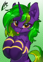 Size: 3384x4863 | Tagged: safe, artist:lunylin, imported from derpibooru, oc, oc only, oc:endigo grimstone, pony, unicorn, cheek fluff, chest fluff, ear fluff, eyes open, fluffy, glowing, gradient background, gradient mane, high res, horn, looking at you, male, on hind legs, orange eyes, raised hoof, screentone, smiling, solo, spiral, stallion, striped mane, stripes on muzzle, tongue out